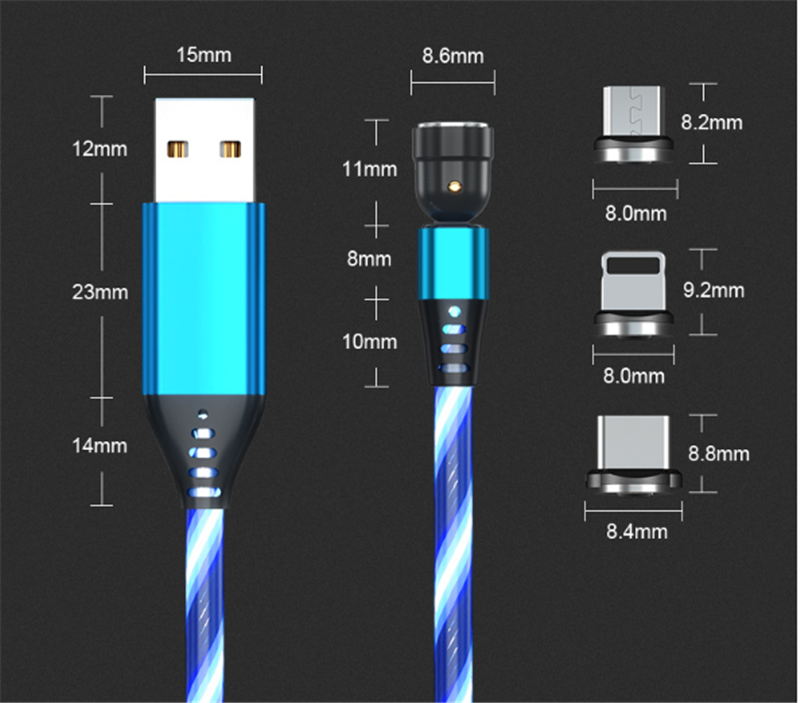 540 Rotate Luminous Magnetic Cable 3A Fast Charging Mobile