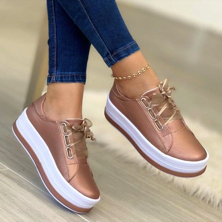 Fashion Flats Sneakers Women Ribbon Lace-up Platform Shoes