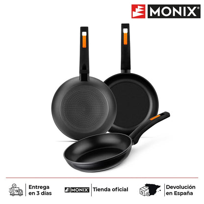 Monix fire-forged aluminium non-stick pans set. 2 or 3 units. For induction gas hob. Kitchen utensils. Durable inducing non-stick pans