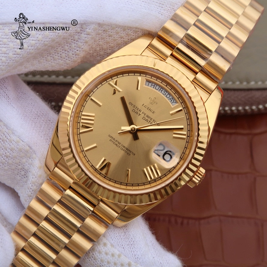 Men Watch Top Brand Luxury 18K Gold Watch High Quality Stainless Steel Calendar Genava Male Wristwatches Gold Color Watch 40MM