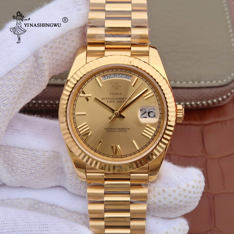 Men Watch Top Brand Luxury 18K Gold Watch High Quality Stainless Steel Calendar Genava Male Wristwatches Gold Color Watch 40MM