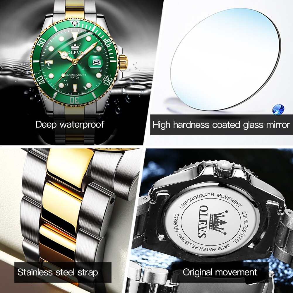 Top Brand Luxury Casual Waterproof Luminous Green Dial Men Quartz Wristwatch