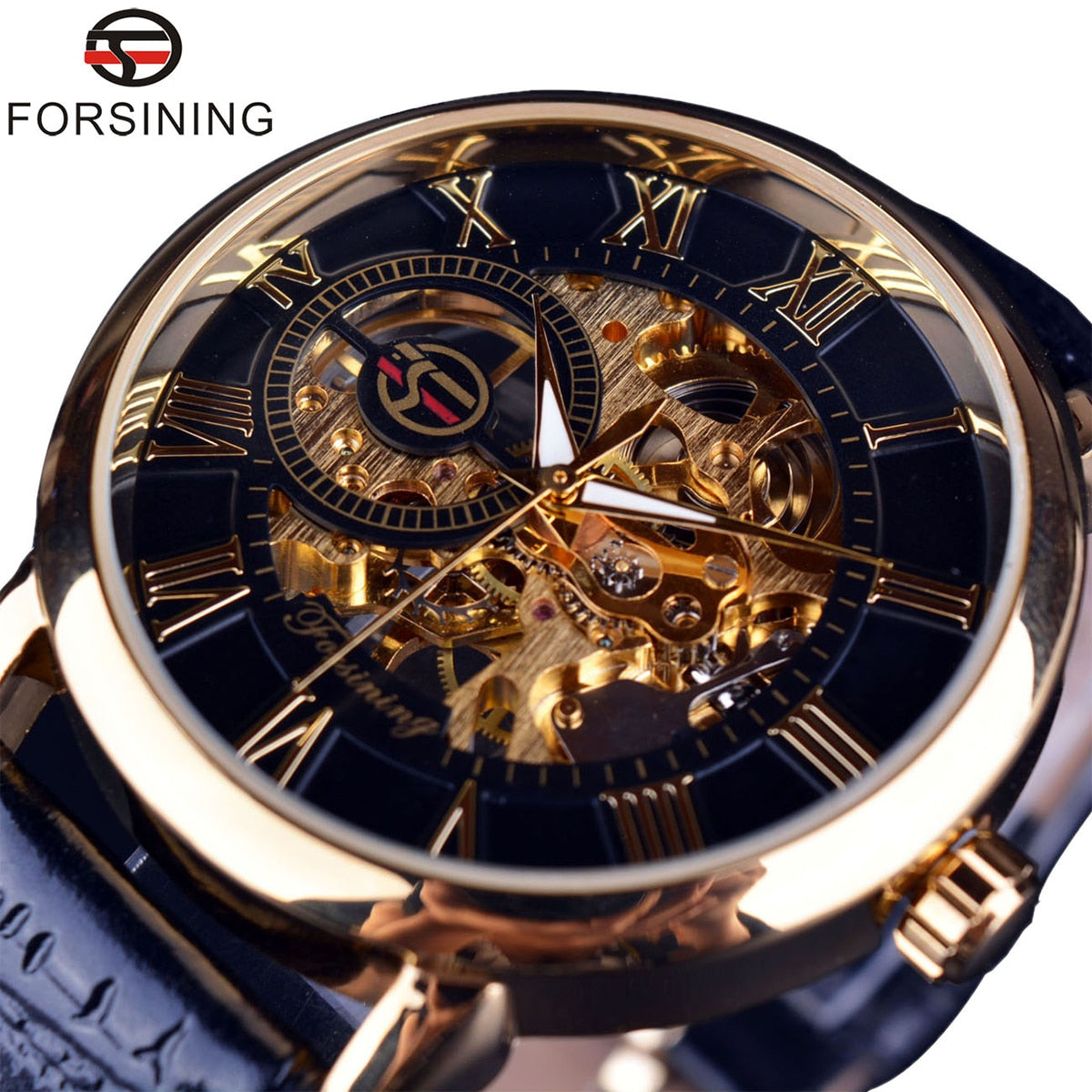 Logo Design Hollow Engraving Black Gold Case Leather Skeleton Mechanical Watch