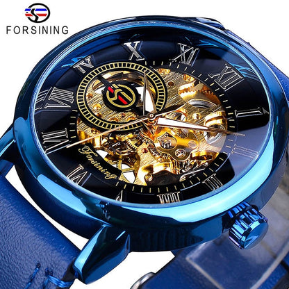 Logo Design Hollow Engraving Black Gold Case Leather Skeleton Mechanical Watch