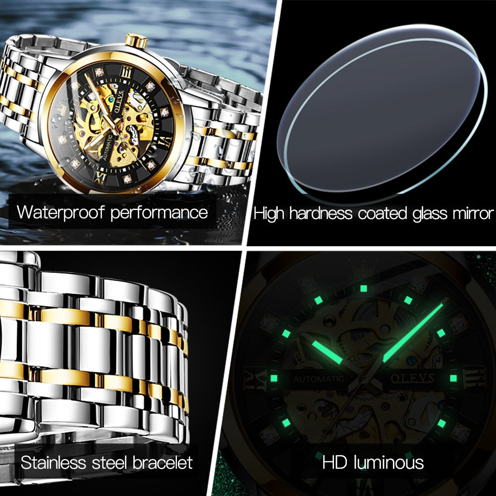 Waterproof Skeleton Stainless Steel Automatic Mechanical Watch Male Wrist Watch