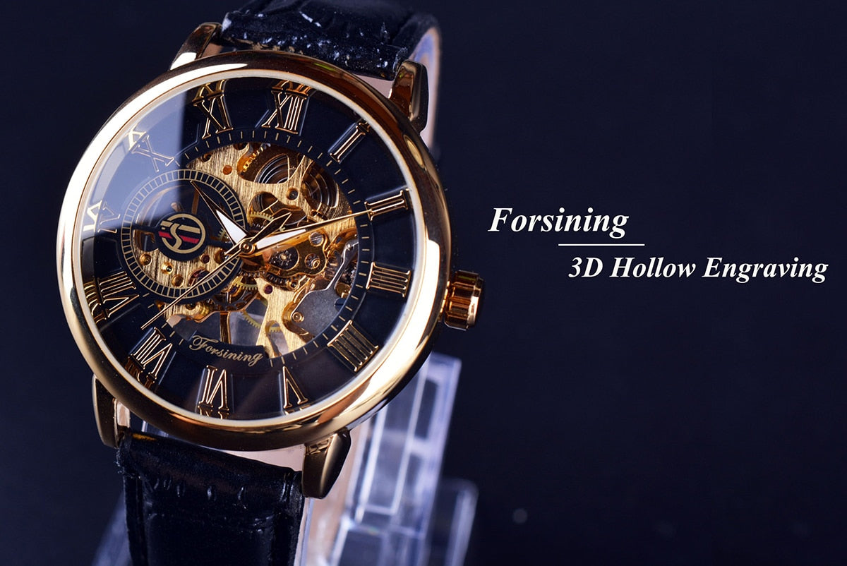 Logo Design Hollow Engraving Black Gold Case Leather Skeleton Mechanical Watch