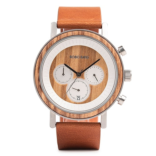 Stainless Steel Wooden Watch Chronograph Sport Waterproof