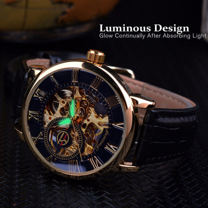 Logo Design Hollow Engraving Black Gold Case Leather Skeleton Mechanical Watch