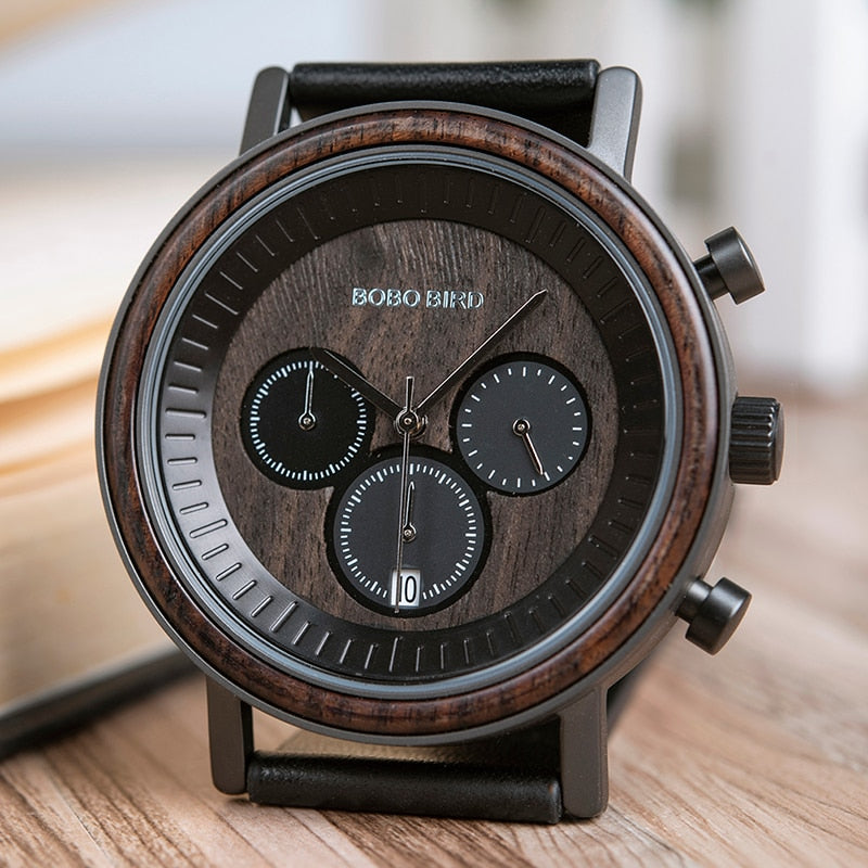 Stainless Steel Wooden Watch Chronograph Sport Waterproof