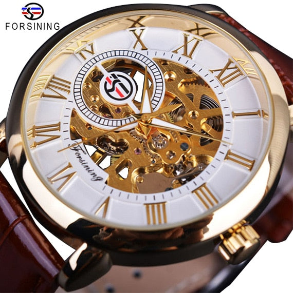 Logo Design Hollow Engraving Black Gold Case Leather Skeleton Mechanical Watch