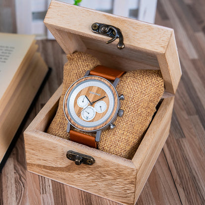 Stainless Steel Wooden Watch Chronograph Sport Waterproof