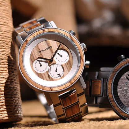 Stainless Steel Wooden Watch Chronograph Sport Waterproof