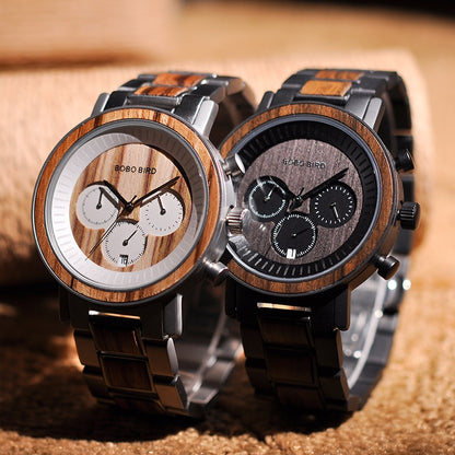 Stainless Steel Wooden Watch Chronograph Sport Waterproof