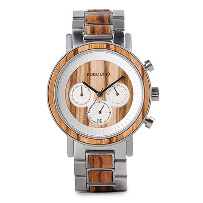 Stainless Steel Wooden Watch Chronograph Sport Waterproof