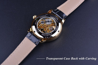 Logo Design Hollow Engraving Black Gold Case Leather Skeleton Mechanical Watch