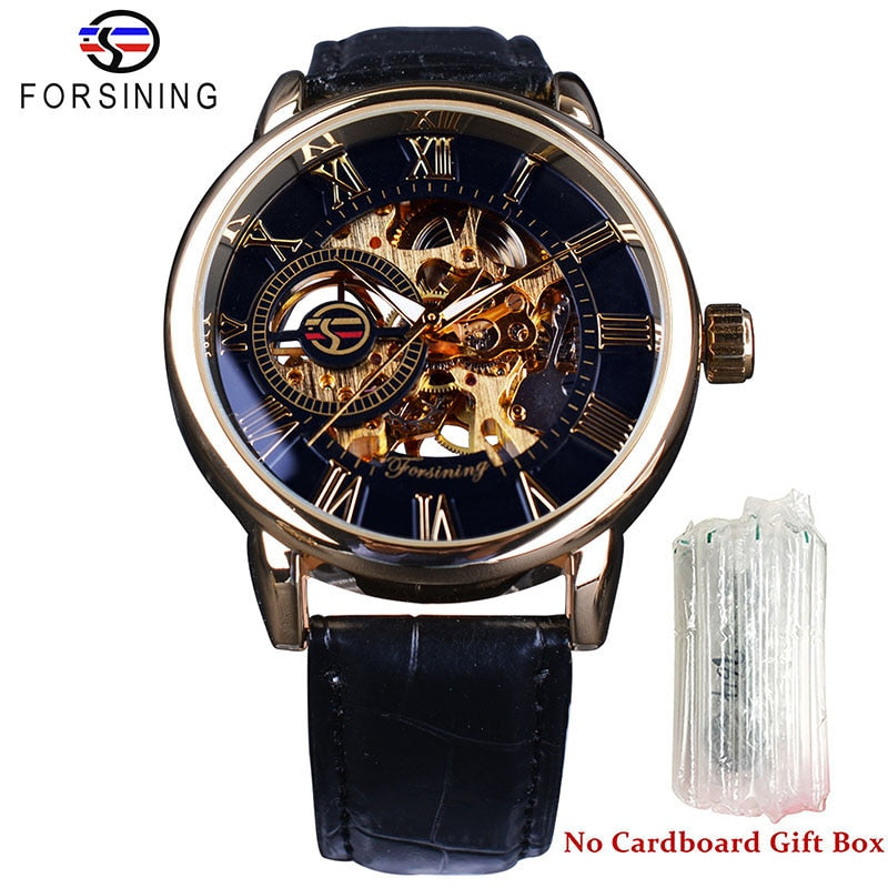 Logo Design Hollow Engraving Black Gold Case Leather Skeleton Mechanical Watch