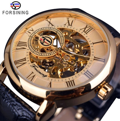 Logo Design Hollow Engraving Black Gold Case Leather Skeleton Mechanical Watch