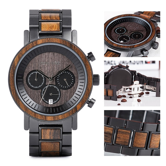 Stainless Steel Wooden Watch Chronograph Sport Waterproof