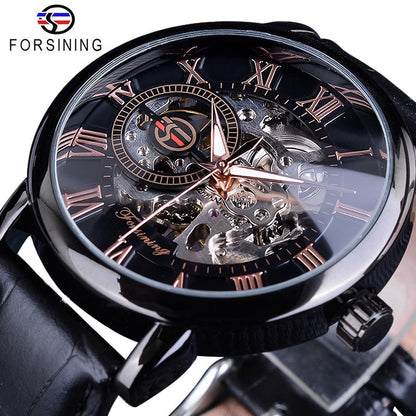 Logo Design Hollow Engraving Black Gold Case Leather Skeleton Mechanical Watch