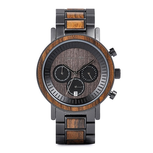 Stainless Steel Wooden Watch Chronograph Sport Waterproof