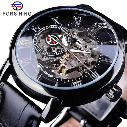 Logo Design Hollow Engraving Black Gold Case Leather Skeleton Mechanical Watch