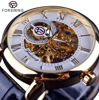 Logo Design Hollow Engraving Black Gold Case Leather Skeleton Mechanical Watch