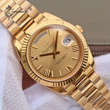 Men Watch Top Brand Luxury 18K Gold Watch High Quality Stainless Steel Calendar Genava Male Wristwatches Gold Color Watch 40MM