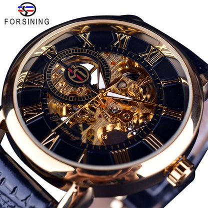 Logo Design Hollow Engraving Black Gold Case Leather Skeleton Mechanical Watch