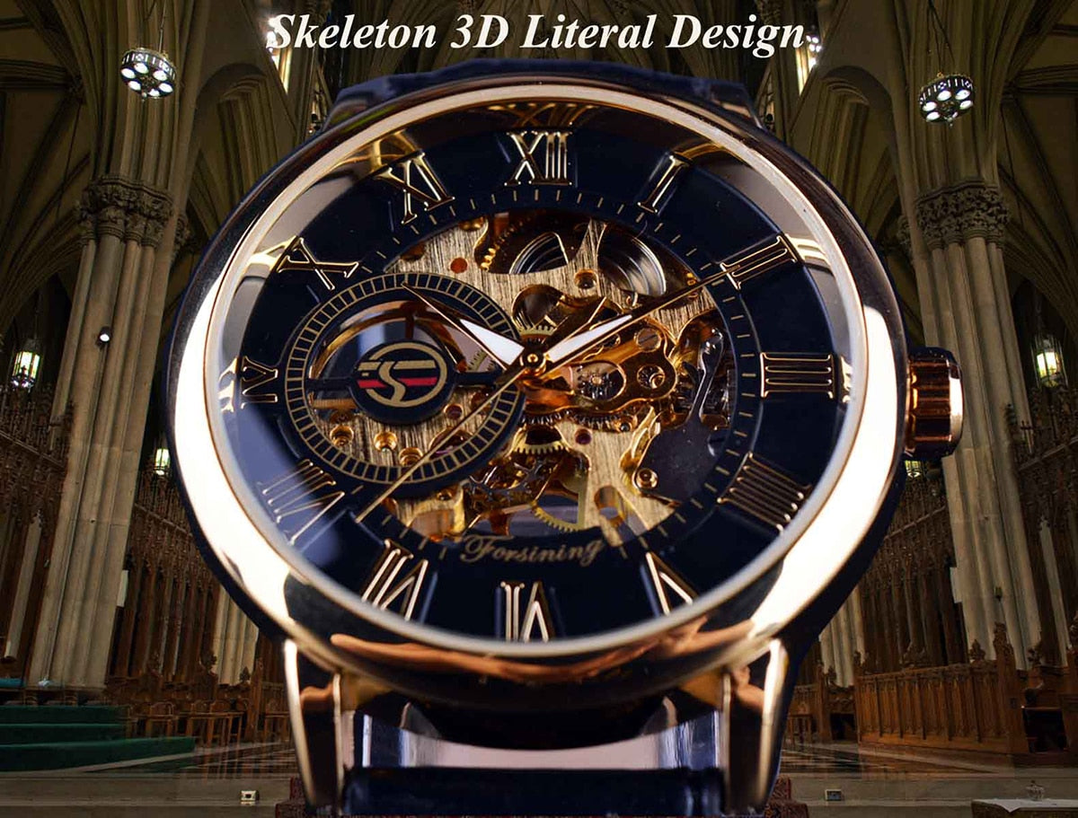 Logo Design Hollow Engraving Black Gold Case Leather Skeleton Mechanical Watch