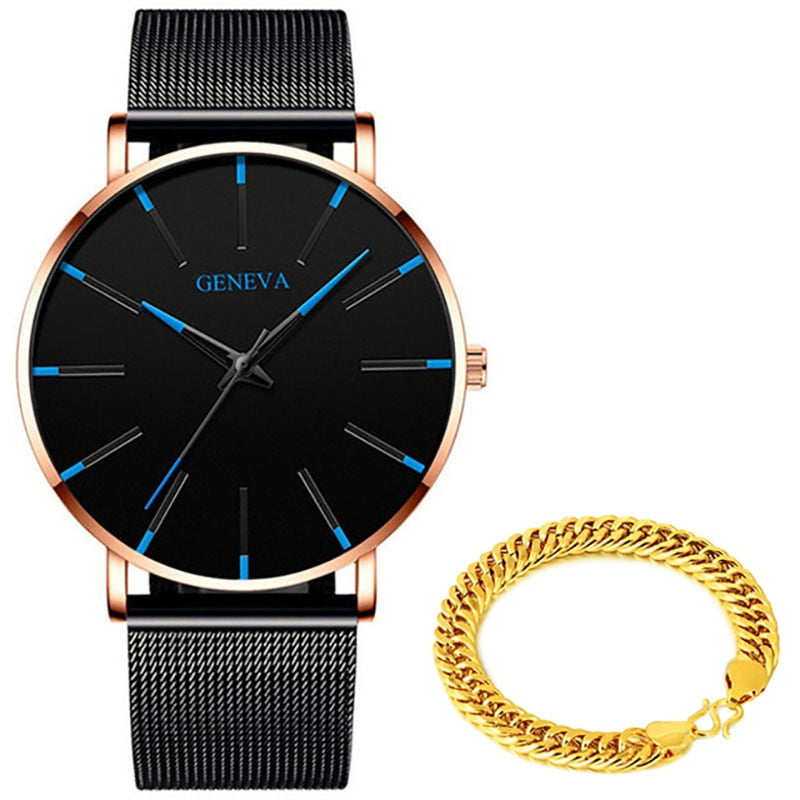 Ultra Thin Blue Stainless Steel Mesh Belt Watch