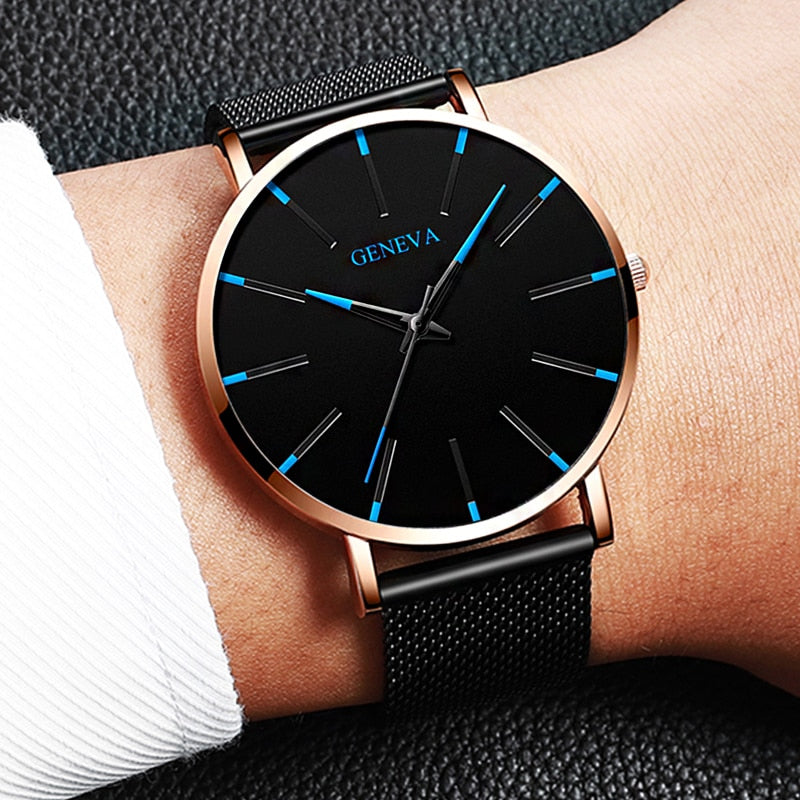 Ultra Thin Blue Stainless Steel Mesh Belt Watch