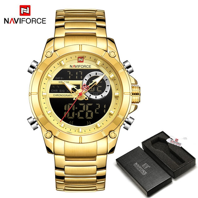 Military Sport Wrist Watch Gold Quartz Steel Waterproof