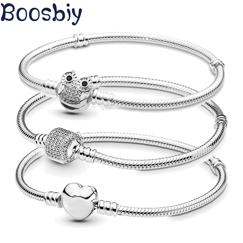 Boosbiy Silver Plated Cute Owl Snake Chain Charm Bracelet