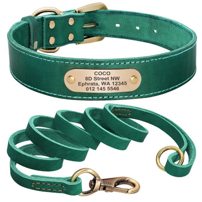 Custom Leather Dog Collar Leash Set Personalized Pet