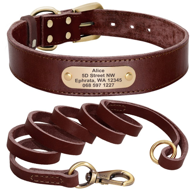 Custom Leather Dog Collar Leash Set Personalized Pet