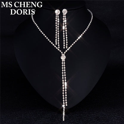 Rhinestone Long Pendant Full Crystal Silver Plated Necklace