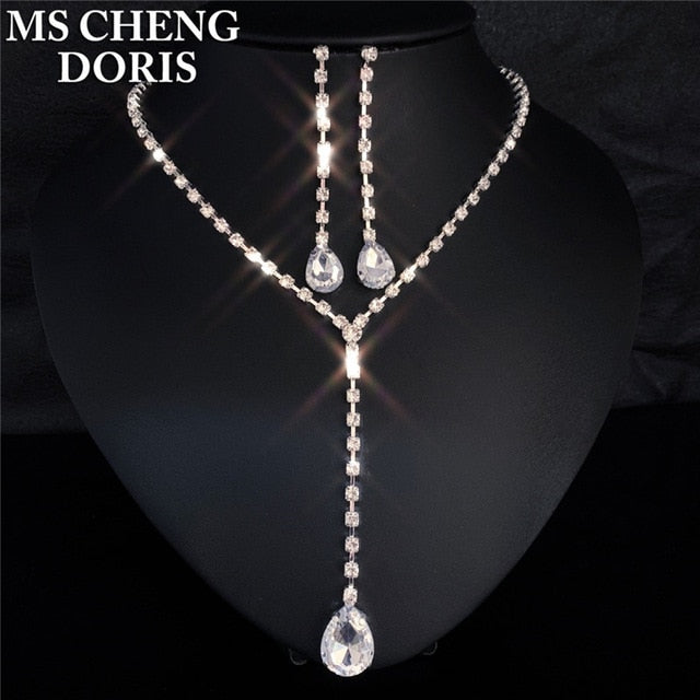 Rhinestone Long Pendant Full Crystal Silver Plated Necklace