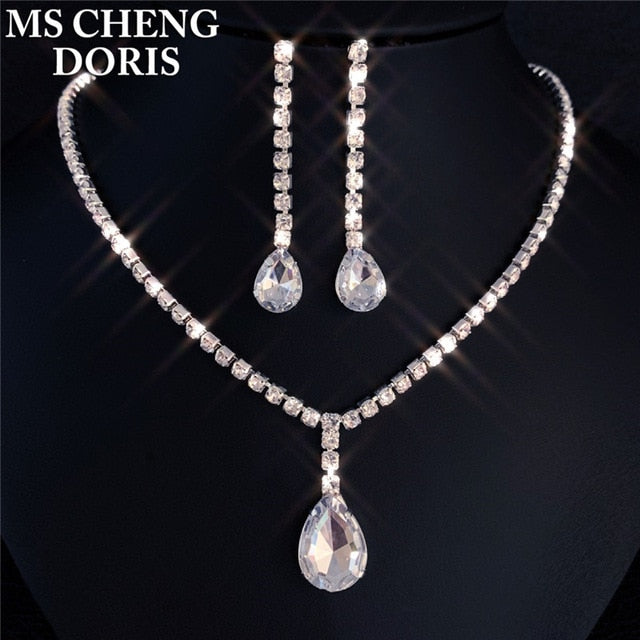 Rhinestone Long Pendant Full Crystal Silver Plated Necklace