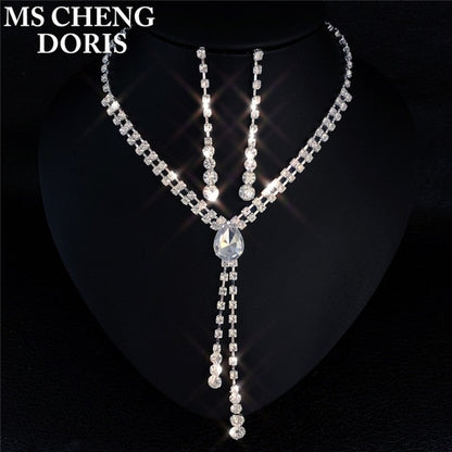 Rhinestone Long Pendant Full Crystal Silver Plated Necklace