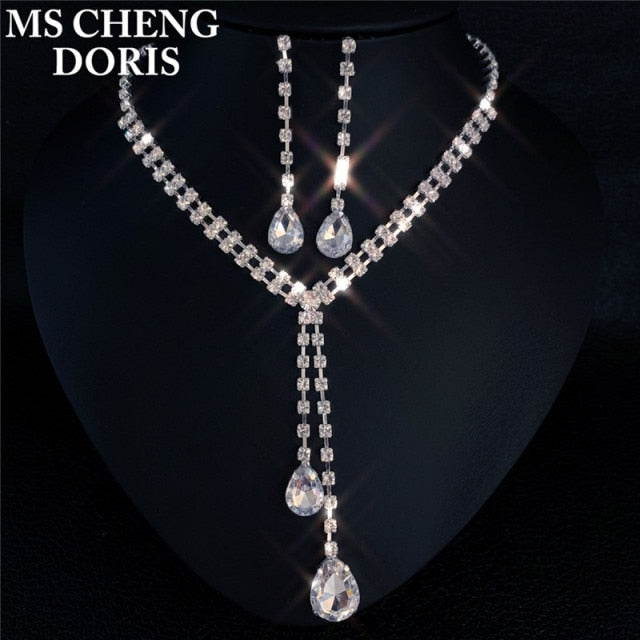 Rhinestone Long Pendant Full Crystal Silver Plated Necklace