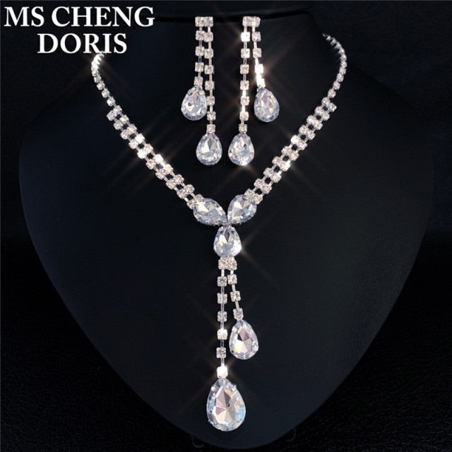 Rhinestone Long Pendant Full Crystal Silver Plated Necklace