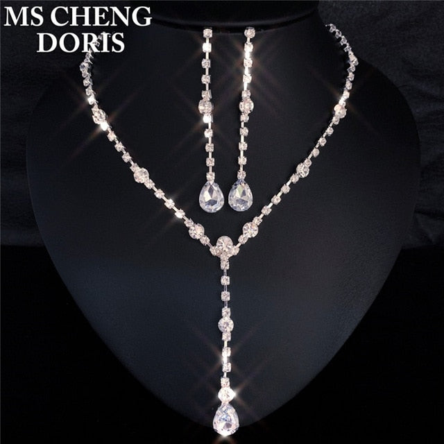 Rhinestone Long Pendant Full Crystal Silver Plated Necklace