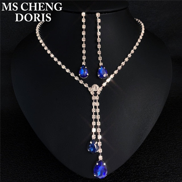 Rhinestone Long Pendant Full Crystal Silver Plated Necklace