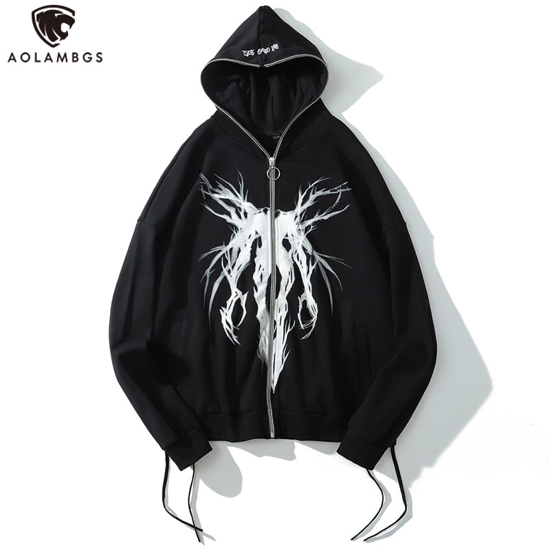 Graphic Print Zipper Ribbon Hooded