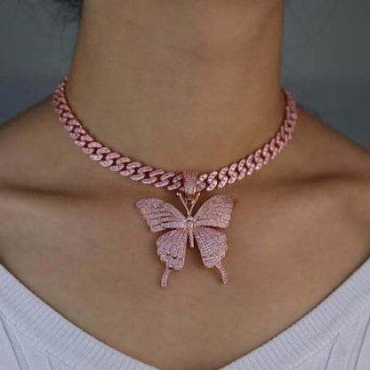 Pink Clear Crystal Butterfly Pendant Charm