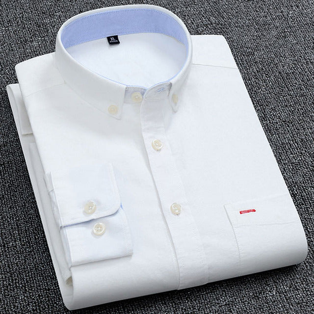 Casual Pure Cotton Oxford Mens Shirts White Long Sleeve