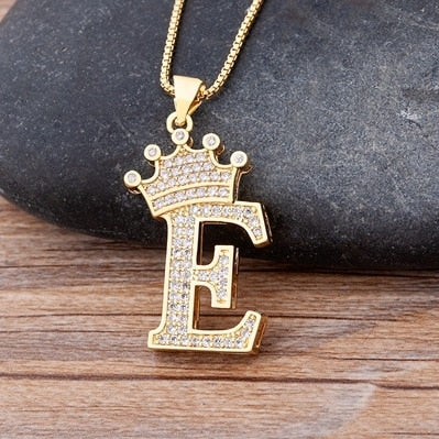 Luxury Copper Zircon A-Z Crown Alphabet Pendant Chain Necklace