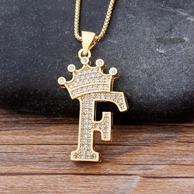 Luxury Copper Zircon A-Z Crown Alphabet Pendant Chain Necklace