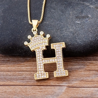 Luxury Copper Zircon A-Z Crown Alphabet Pendant Chain Necklace