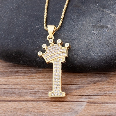 Luxury Copper Zircon A-Z Crown Alphabet Pendant Chain Necklace